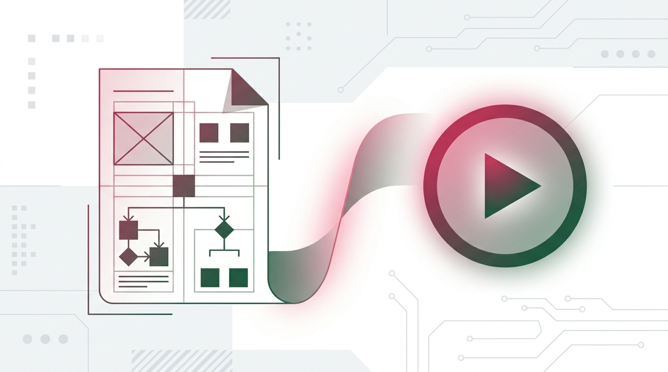 A modern flat-design illustration showing a structured document or blueprint transforming into a vibrant video play button, symbolizing the UGC brief process