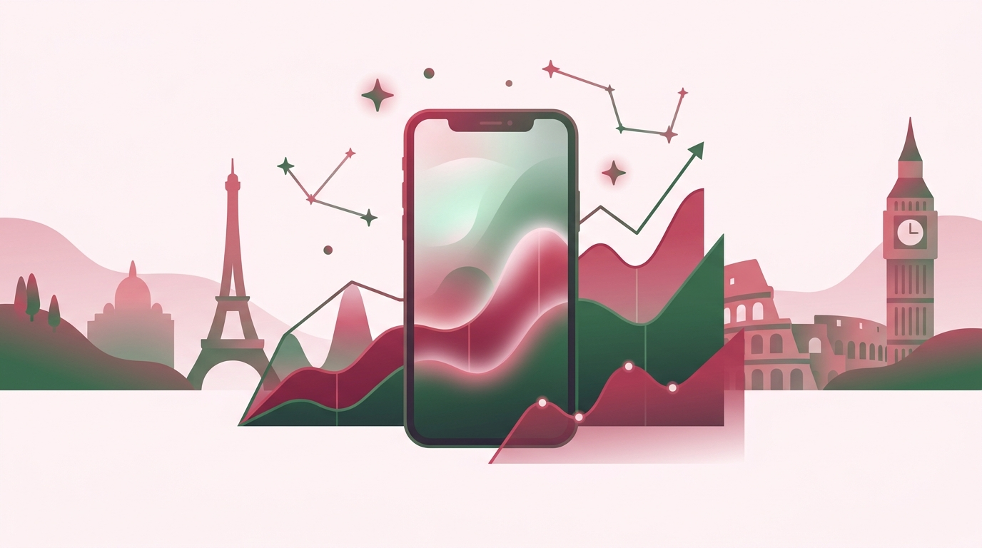A modern, flat-design editorial illustration showing a stylized smartphone surrounded by rising data charts, glowing stars, and European landmarks in the background