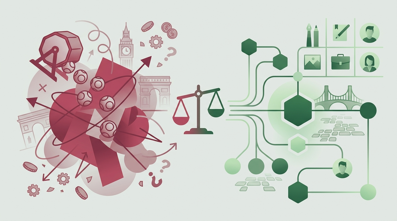 A sleek, flat-design illustration showing a comparison between a chaotic, lottery-style marketplace and a curated, organized network of creators.