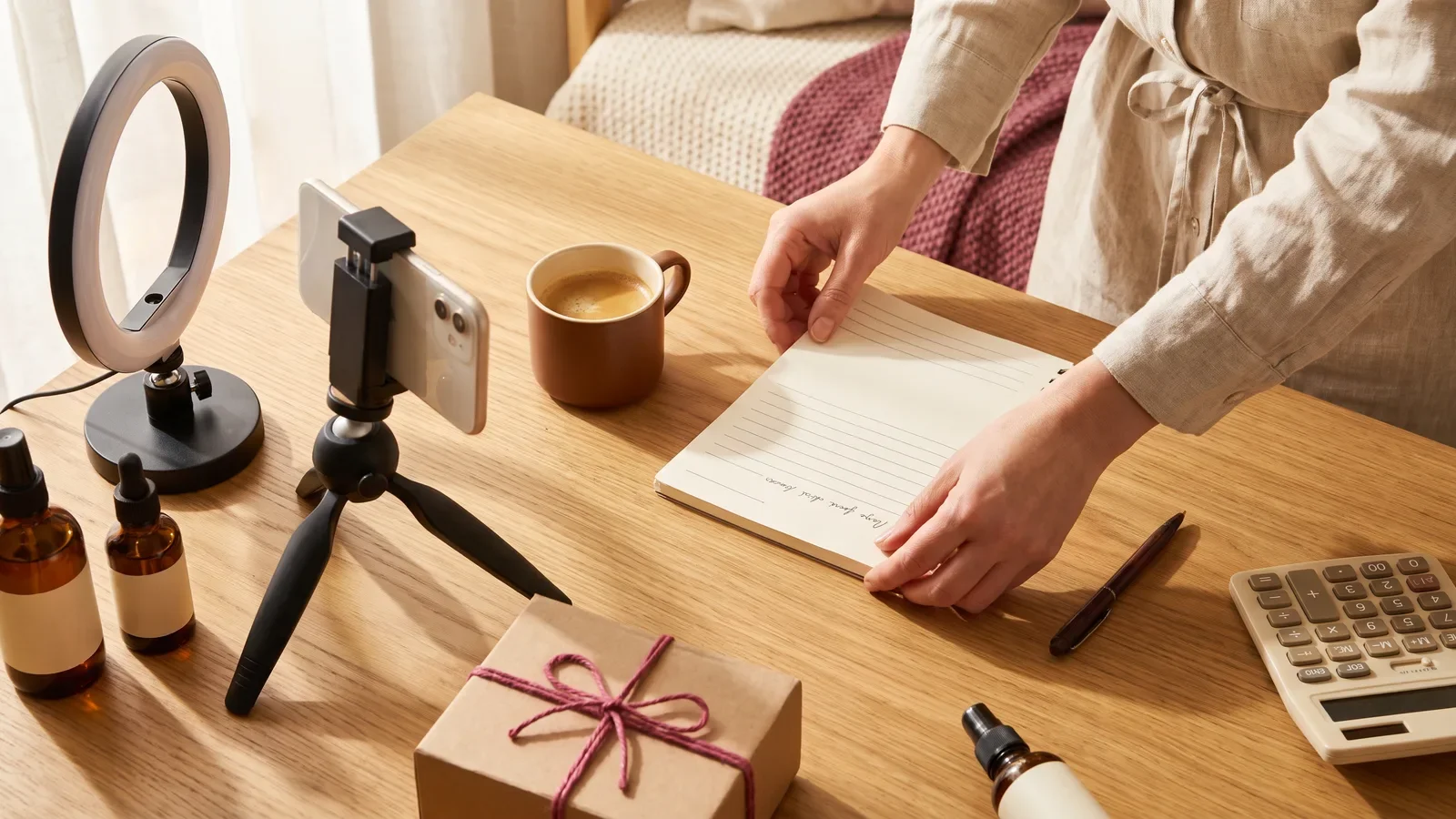A creator's desk with a smartphone on a tripod, a ring light, a notebook and a calculator, ready to plan UGC rates