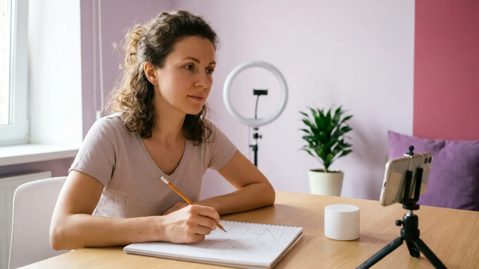 A woman sketching a storyboard for a UGC video at her desk, next to a skincare jar and a phone on a tripod