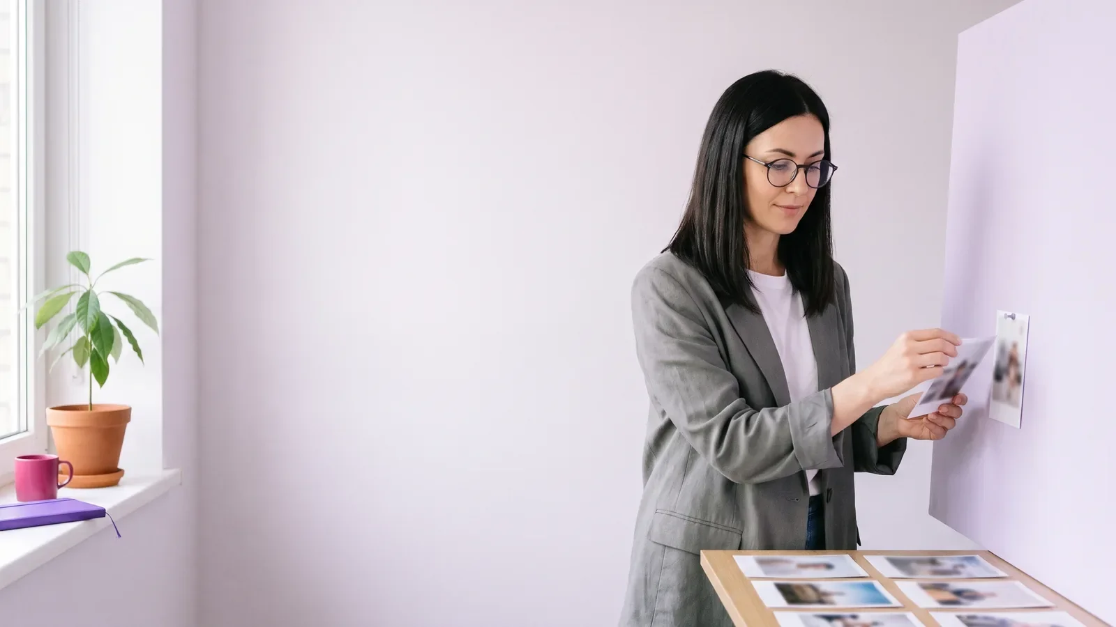 A brand marketer choosing printed creator portraits and pinning a shortlist to a board